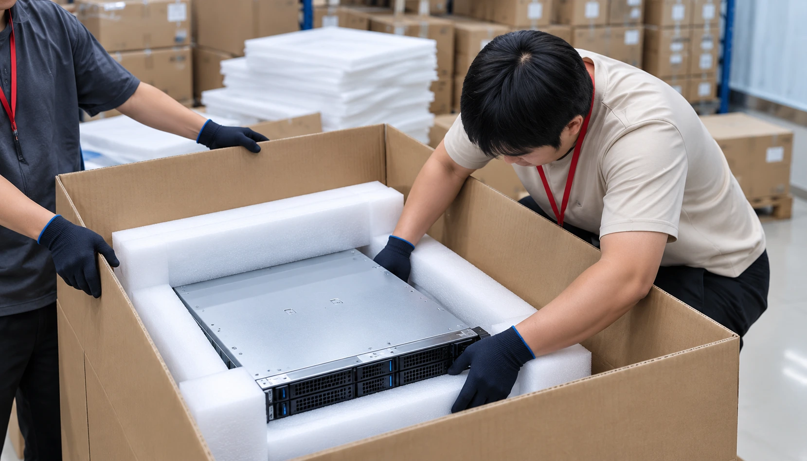 Source-based AI packing scene: a server being prepared in a foam-lined shipping carton