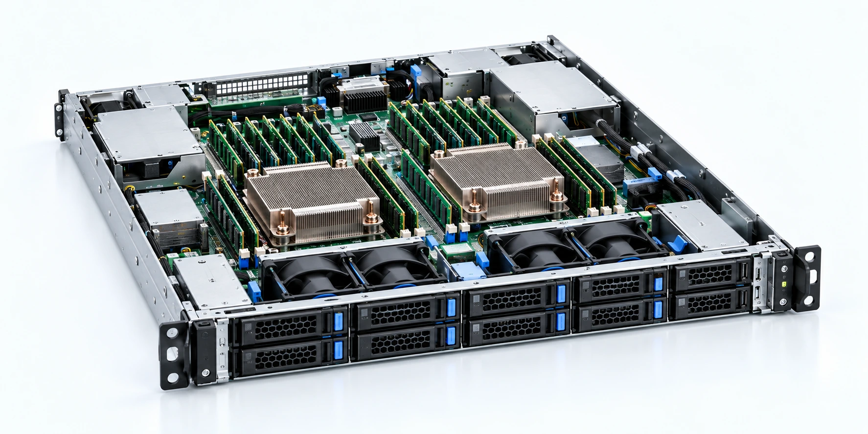 AI explanatory product scene of an open server showing its internal configuration